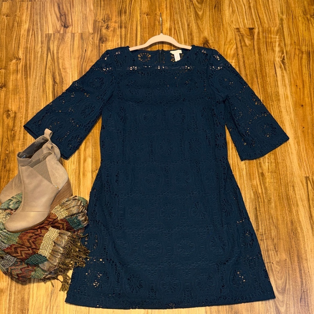 Chico's 2 large 12 dress teal blue green  lace crochet  mini knee 3/4 sleeve